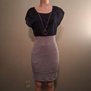 Enfocus Studio Size 4 Black Chiffon Top Polka Dot Pencil Sheath Dress